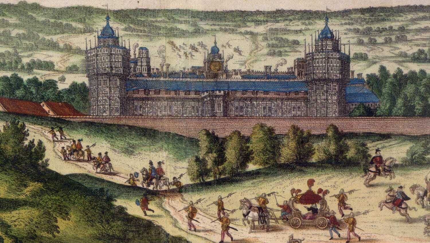 Historical painting of Nonsuch Palace, Henry VIII's magnificent lost palace built in 1538 in Surrey, England