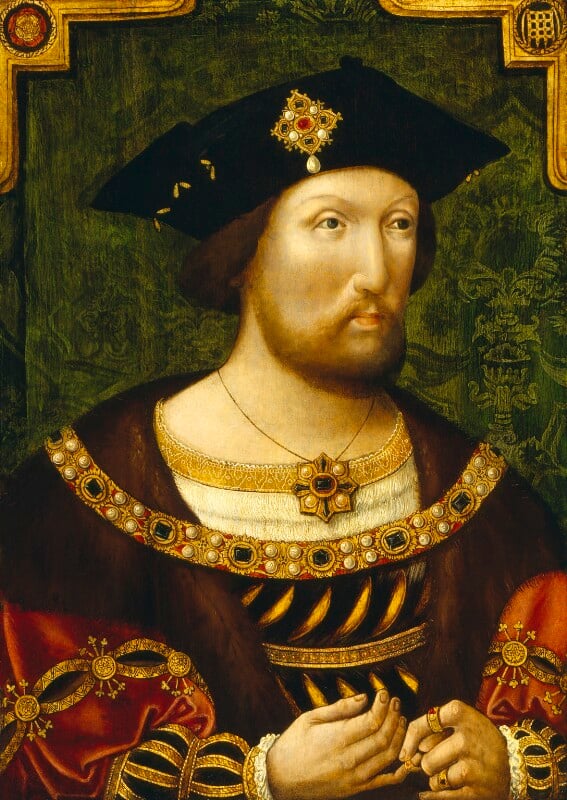 Portrait of King Henry VIII in royal regalia, the most famous Tudor monarch who reigned 1509-1547