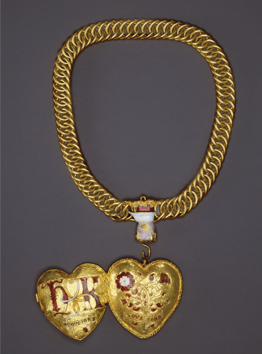 The HK Tudor gold locket discovered in 2023, featuring initials of Henry VIII and Katherine of Aragon with 'Tousiours' inscription